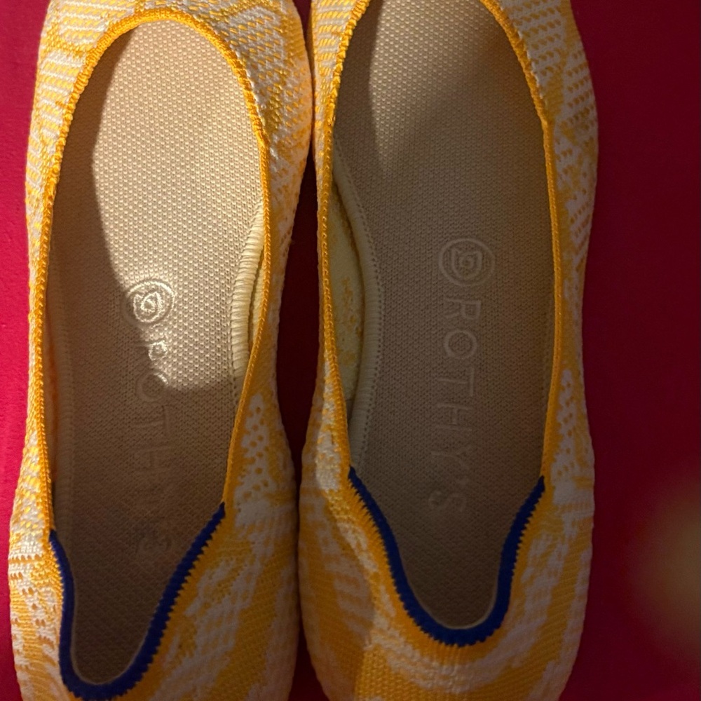 Rothy's Yellow and White Flats with Blue Trim